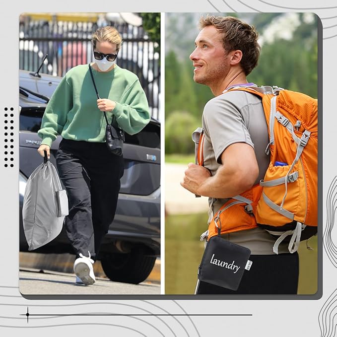 Travel Laundry bags, Dirty Clothes Travel Bag with Handles, Portable Small laundry Sack for Travelling, Suitcase, Gym, Camping (Black&Grey)