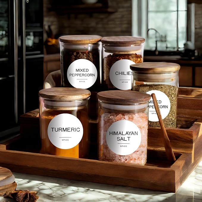 245 Spice Jar Labels - Round Preprinted Minimalist Waterproof Stickers for Kitchen Jars, Herb & Seasoning Labels for Pantry Organization (White)