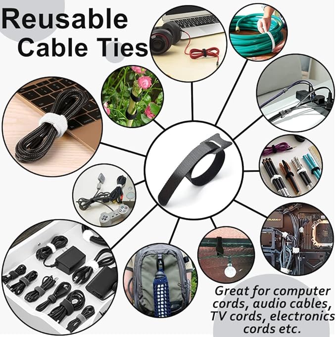 70pcs Cable Ties Reusable Black and White Wire Ties Cable Management Cord Ties Reusable for Electronics Hook and Loop Cable Ties for Computer 4 6 8 Inch