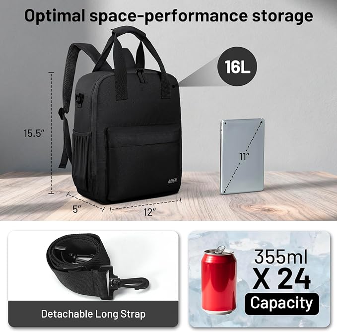 MIER Backpack Cooler 24 Cans Insulated Soft Cooler Bag with Detachable Double Decker Leakproof Lightweight Lunch Back Pack Women Men for Work Travel Picnic, Black