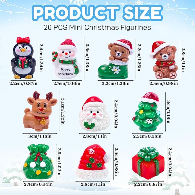 20 Pcs Mini Christmas Figurines Decoration Tiny Resin Snowman Santa Claus Animals Xmas Miniature Figures for Holiday DIY Crafts Garden Micro Landscape Party Home Table Decor