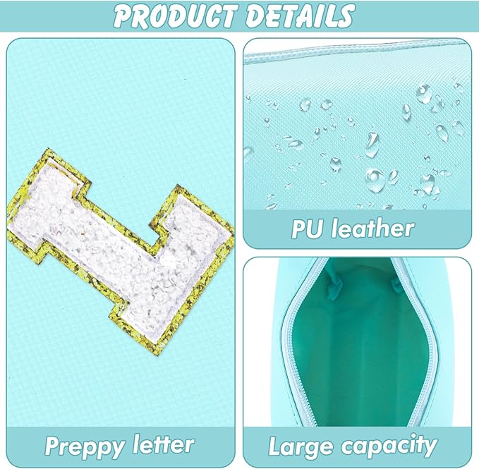 Gifts for Girls Initial Makeup Bag Personalized Cosmetic Bag with Zipper Cute Travel Toiletry Bag Waterproof PU Preppy Makeup Pouch Birthday Gift for Teen Girls Women(Blue L)