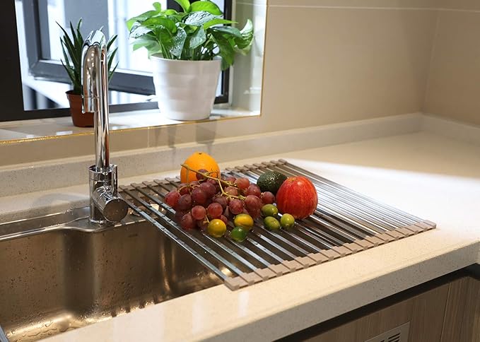 Ahyuan Roll up Dish Drying Rack Over The Sink Dish Drying Rack Square Tubes Dish Rack Over Sink Dish Racks for Kitchen Counter RV Camper Accessories for Travel Trailers (Gray, 17.8''Wx17.2''L)