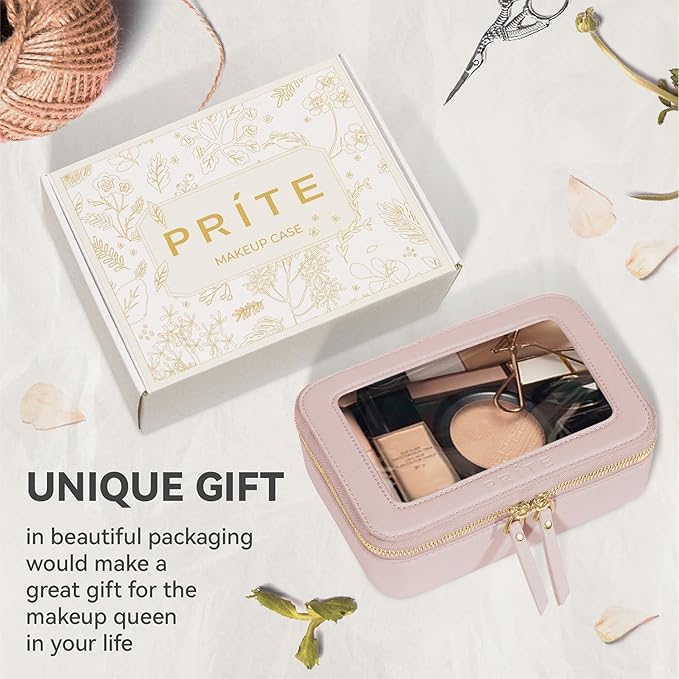 Prite Clear Makeup Bag Cosmetic Organizer Case Waterproof Travel Toiletry Bag Skincare Pouch with Golden Zipper (Pearlescent Pink)