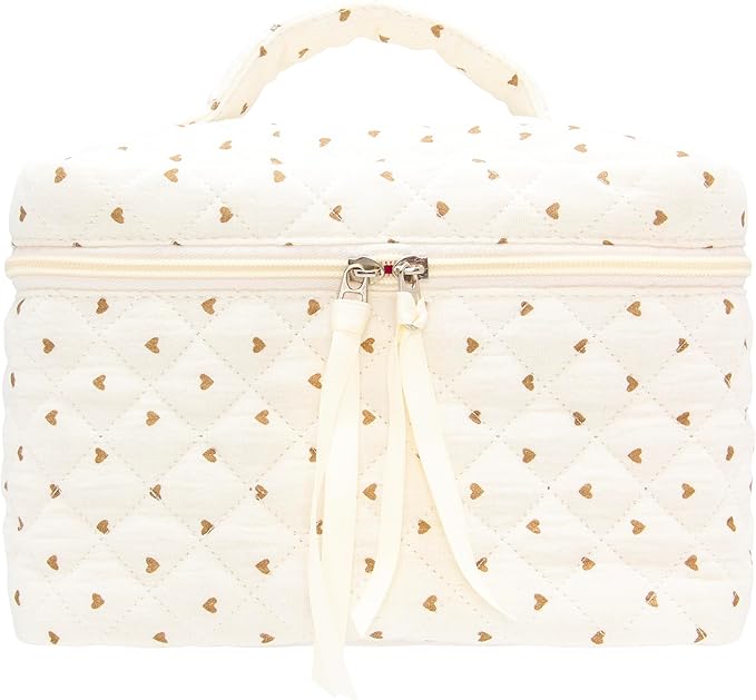 PAZIMIIK Quilted Makeup Bag Large Travel Zipper Soft Cosmetic Case for Women Girls Make Up, Gauze Heart Coffee