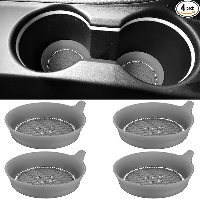 4 PCS Car Cup Coasters, Universal Cup Holder Coaster for Car Accessories, Bling CupHolders Insert for Women Non-Slip Silicone Car Cup Holder Coasters