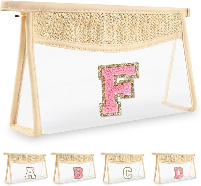 Small Boho Straw Initial Letter Makeup Bag Personalized Gift ,Cute Clear Chenille Patch Makeup Bag With Zipper,Trendy TSA Approved Travel Toiletry Bag,Gift for Women Girls Birthday Friend, Letter F