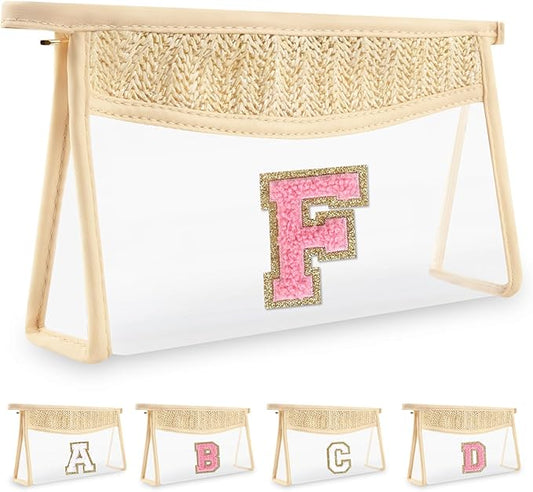 Small Boho Straw Initial Letter Makeup Bag Personalized Gift ,Cute Clear Chenille Patch Makeup Bag With Zipper,Trendy TSA Approved Travel Toiletry Bag,Gift for Women Girls Birthday Friend, Letter F