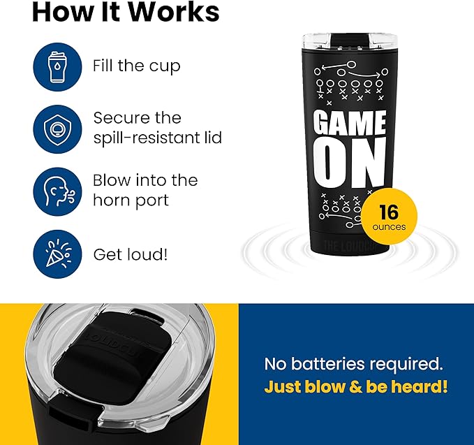 The LoudCup Blow Horn Tumbler, Cheer & Sip 2-in-1 Reusable Water Bottle with Built-In Horn for Sports Games, Tailgates, Parties & Events, BPA-Free