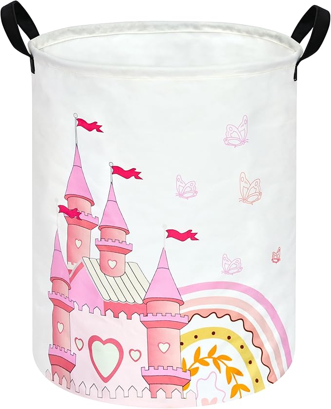 Kids Hamper Pink Castle Storage Bins Organizer Toy Box Laundry Basket Large Canvas Collapsible Chest for Home/Dorm/Kitchen/Pet/Office/Closet/Shelf/Gift Baskets