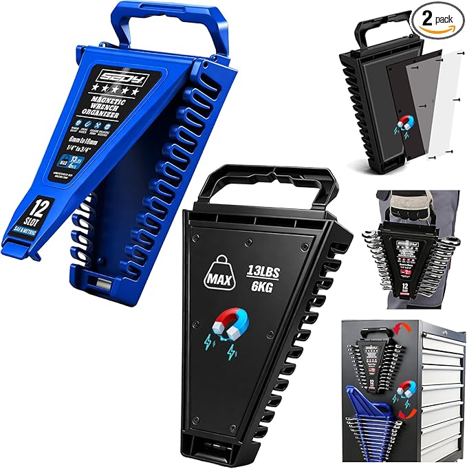 2-Piece Magnetic Wrench Organizer, 24-Slot Wrenches Holder Set with Lock Cover Metric 6–18mm & SAE 1/4-3/4", Wrench Rack Tool Trays with Carrying Handle for Wall Mount Toolbox Drawer Storage