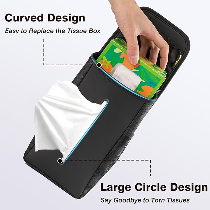 Car Tissue Holder, Rectangle Tissue Box Cover for 60/120/180 Count Kleenex Tissue Boxes, Car Storage Organizer Front Seat with Napkin Holder and 3 Pockets,Seat Side Car Organizer for Cars,SUVs,Trucks
