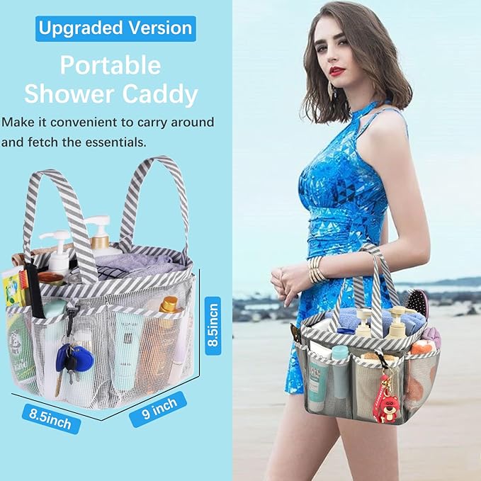 Haundry Mesh Shower Caddy Bag for College Dorm Room Essentials Portable Shower Caddy Tote with 8 Pockets for Beach, Swimming, Gym, Travel