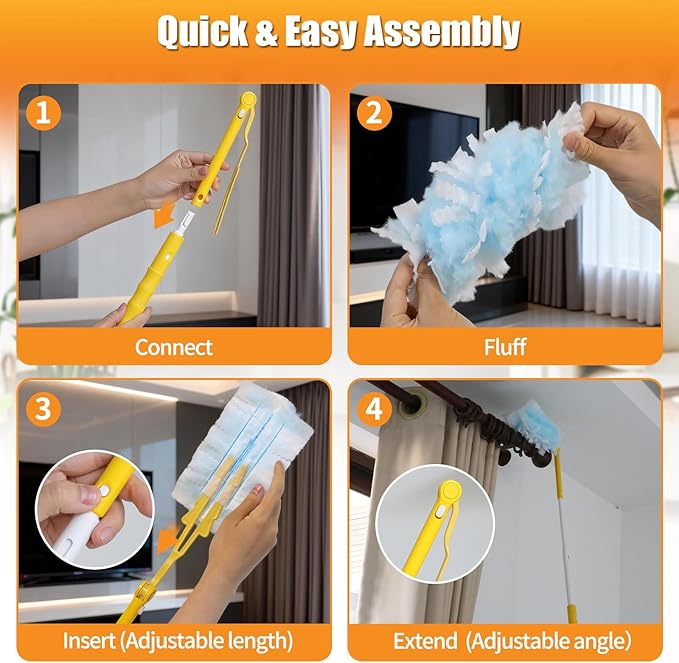 80 Count Duster Refills with 1 Short Handle & 3 ft Extendable Handle, Compatible with Swiffer Duster, 180° Disposable Microfiber Cleaning Dusters, Unscented