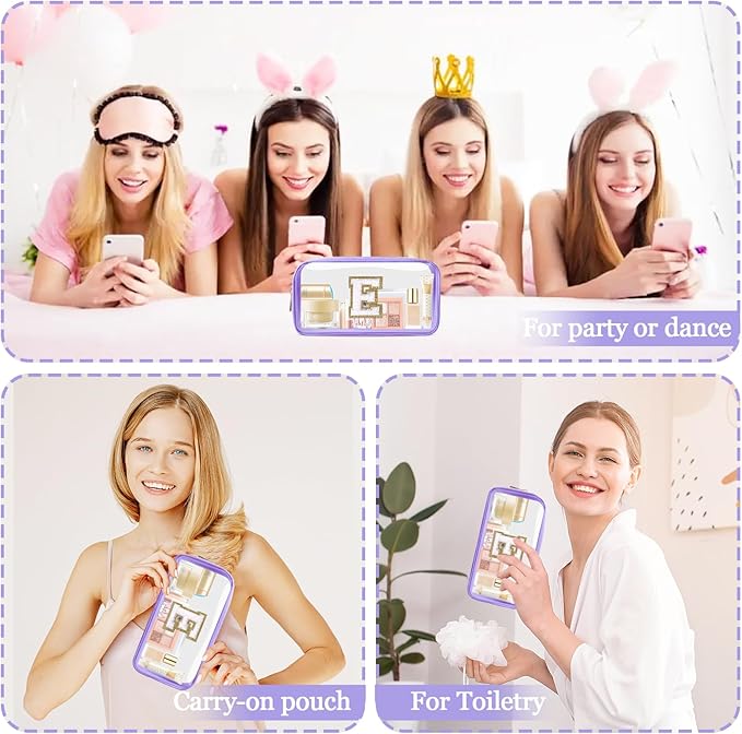 Small Clear Personalized Initial Makeup Bag,Nylon Preppy A-Z Chenille Letter Patch Cosmetic Pouch Beach Toiletry Bag,Waterproof Zip Travel Purse Storage Bag Organizer for Women Girls(Purple-White E)