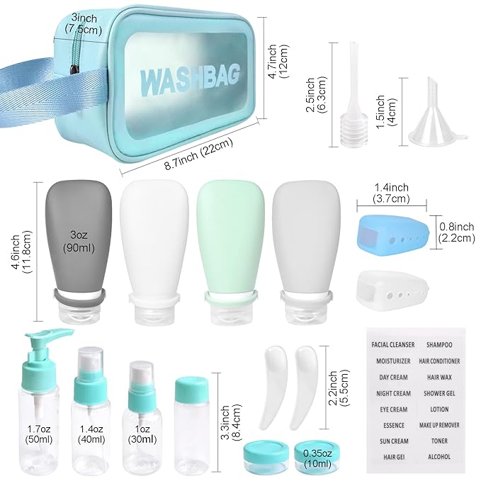 18 Pcs Travel Bottles Set for Toiletries, TSA Approved Travel Size Containers with Bandage Silicone Squeezable for Shampoo Conditioner Lotion Body Wash (Multicolour+Blue Bag)