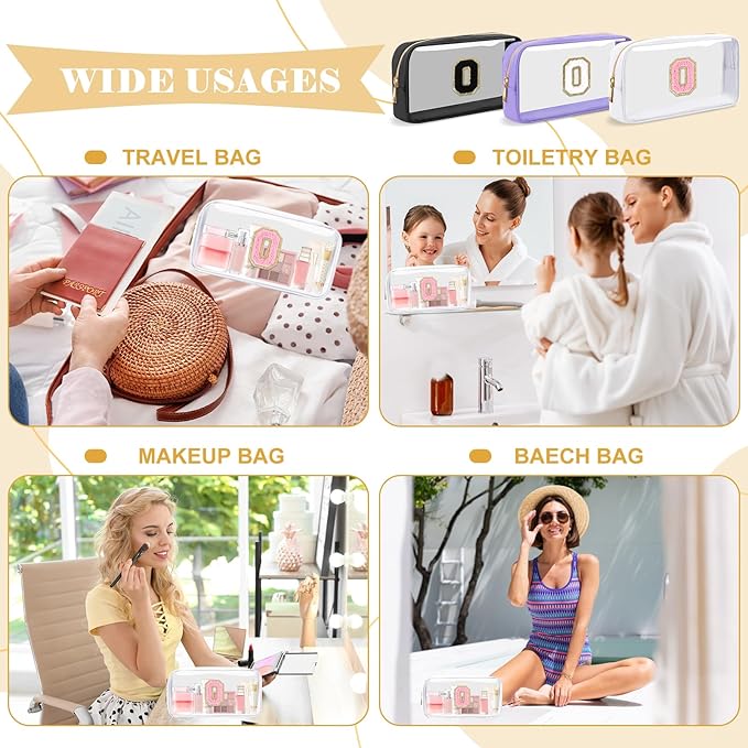 Personalized Initial Letter Clear Makeup Bag, Preppy Small Nylon & PVC Cosmetic Zipper Bag with Chenille Letter, Travel Skincare Toiletry Bag, Monogram Christmas Gift for Teen Girls Women, O