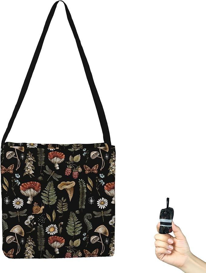 BeeGreen Mushrooms Ultimate Crossbody Tote Bag - Reusable Grocery Shopping Bag - Foldable Compact Portable Lightweight Duffle Bags