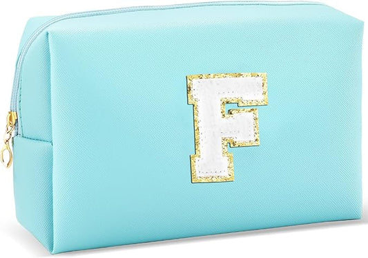Gifts for Girls Initial Makeup Bag Personalized Cosmetic Bag with Zipper Cute Travel Toiletry Bag Waterproof PU Preppy Makeup Pouch Birthday Gift for Teen Girls Women(Blue F)