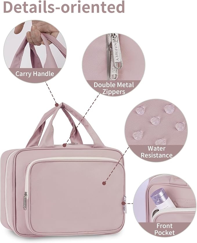 Narwey Travel Toiletry Bag for Women Large Hanging Makeup Bag Organizer Toiletries Bag for Full Size Essentials Accessories Cosmetics (Dusty Rose (Large))