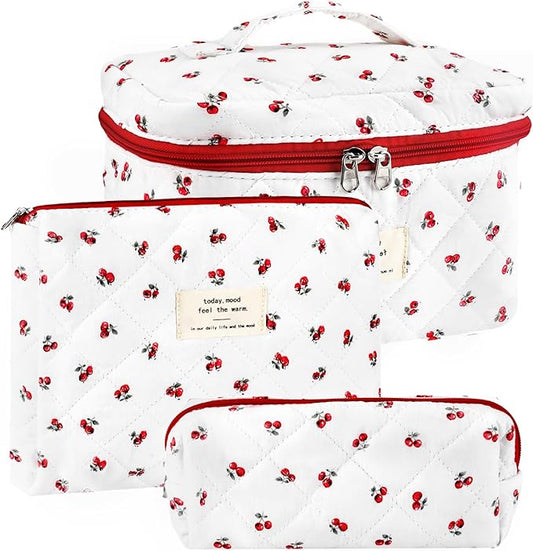 3Pc Cotton Quilted Makeup Bag for Women Extra Large Coquette Small Floral Travel Cosmetic Bag Set Cute Cherry Makeup Pouch Portable Toiletry Bag Organizer Vintage Puffy Essential Storage Bag