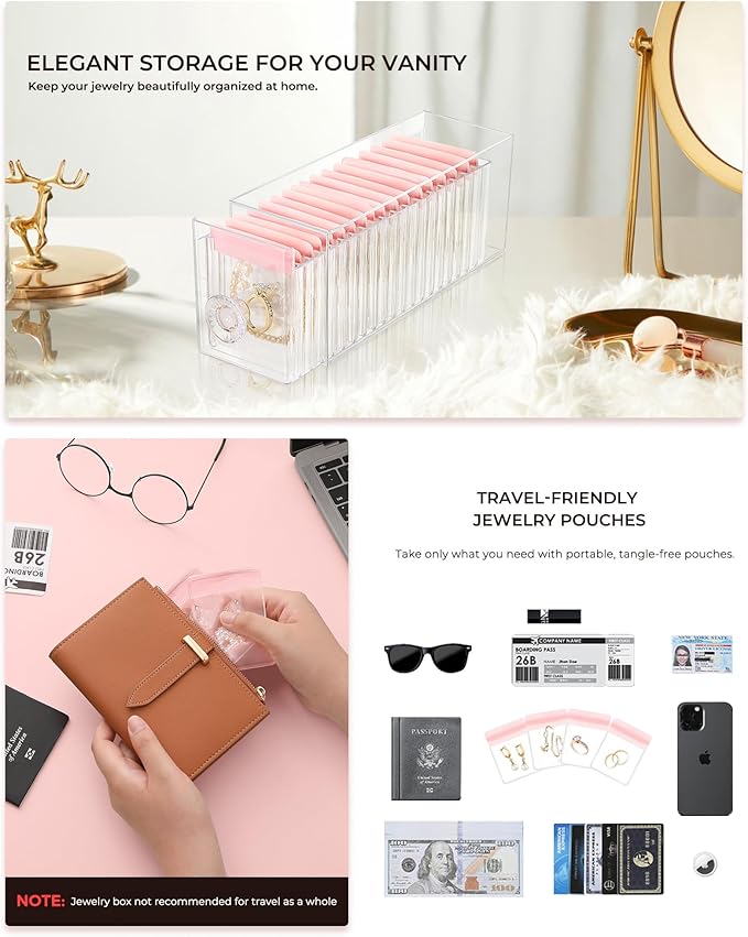 Clear Acrylic Jewelry Organizer Box with 20 Portable Pouches, Jewelry Storage Case for Women Girls, Tangle-Free, Anti-Tarnish, Compact Storage for Necklaces/Earrings/Rings, Upgraded Pink