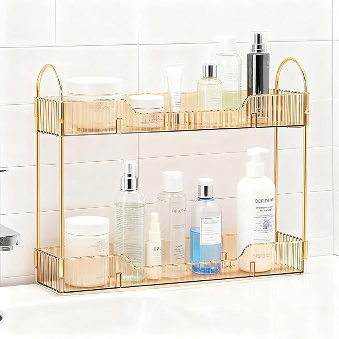 Bathroom Countertop Organizer, 2-Tier Slim Vanity Storage Rack for Bathroom Sink, Narrow Counter Organizer for Toiletries Skincare Perfume with Gold Plastic Trays, Gold