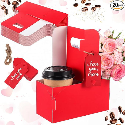 MotiMind 20 Pack Mother's Day 2 Cup Drink Carrier with Handle, Kraft Paperboard Teacher Cup Holder Portable for Hot Cold Drinks, Coffee Carrier Gift with Heart Card Rope (Red)