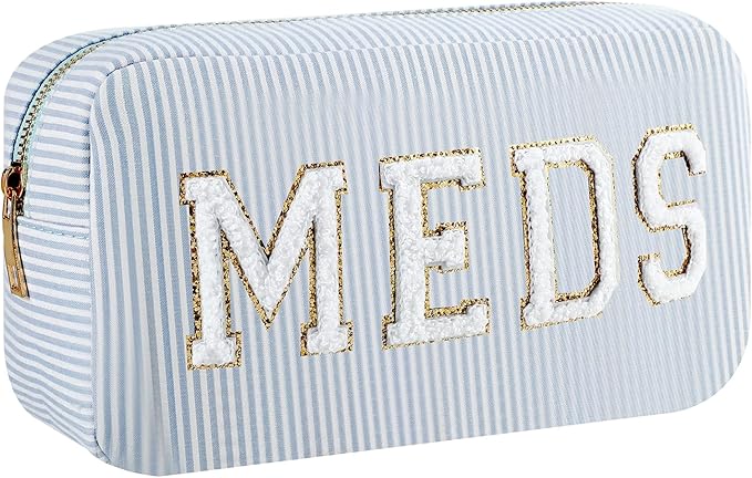 uekeboag Seersucker Chenille Letter Stuff Meds RX Makeup Bag, Travel Washable Purse Organizer with Zipper, Lightweight Toiletry Cute Personalized Preppy Cosmetic Bag For Women and Girls(03Blue Meds)