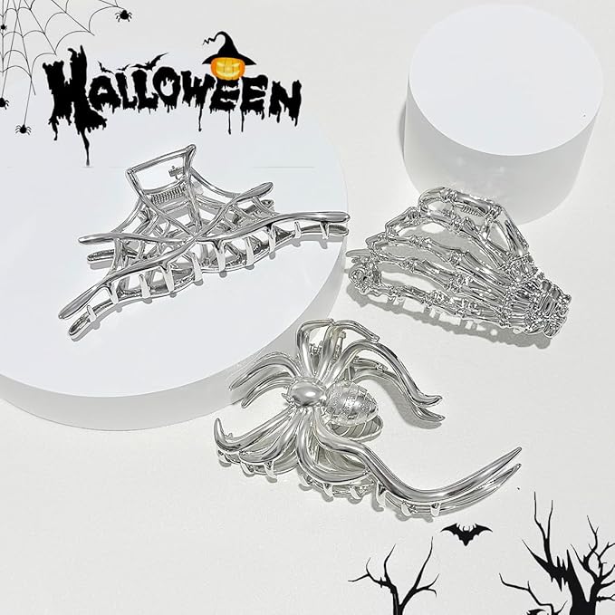 3 Pieces Large Metal Spider Net Hand Hair Claw Clips for Women and Girls Thick Long Hair, Nonslip Skeleton Spooky Barrette Headband Hair Styling Accessories for Halloween Christmas Gifts