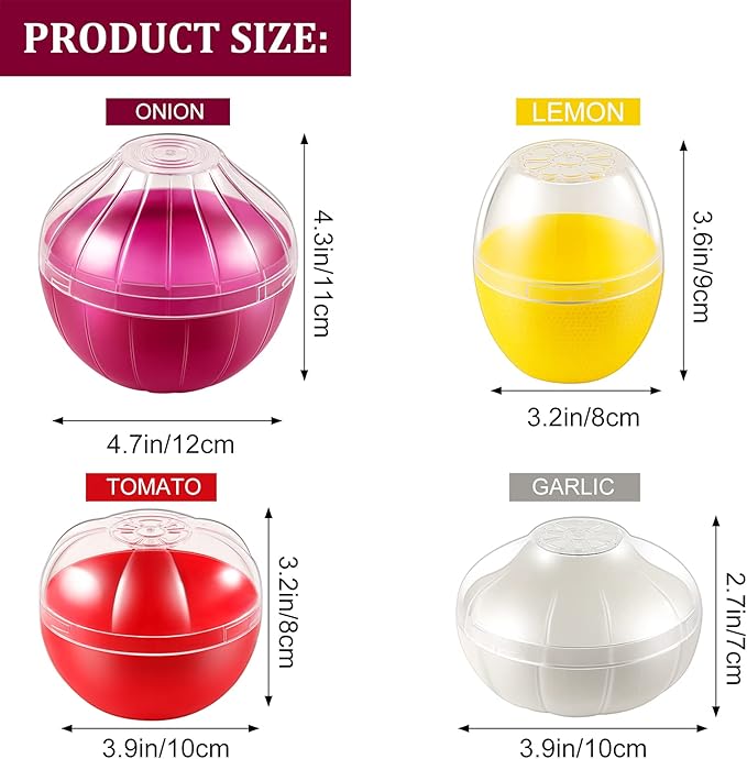 Vegetable and Fruit Storage Containers for Fridge, 4 Pcs BPA Free Reusable Food Saver - Tomato, Garlic, Onion, Lemon Keeper Holder - Refrigerator Vegetable Crisper Makes Food Stays Fresh Longer