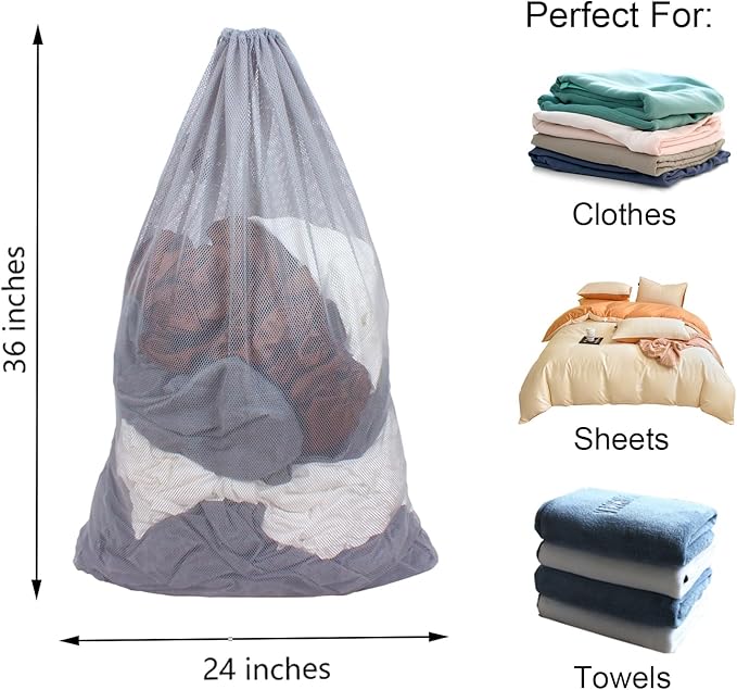 2 Pack Mesh Laundry Bags, 24 x 36 Inches Heavy Duty Drawstring Bag, Factories, College, Dorm, Travel and Apartment Dwellers, Gray