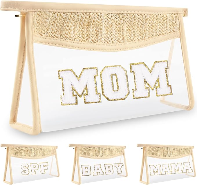 Boho Clear Makeup Letter Patch Makeup Bag MOM Pouch, Clear Toiletry Bag Travel Small Cute Stadium Chenille Letter Cosmetic Zipper Pouch Purse, Transparent Waterproof Diaper Bag Organizing Pouches(MOM)