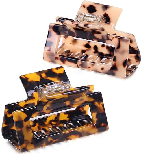 2 Pack Cutout Tortoise and Leopard Square Celluloid Acetate Jaw Clips for Thick Hair