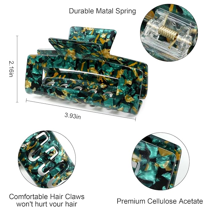 3PCS Large Hair Clips for Thick Hair, Cellulose Acetate Rectangle Claw Clips with Strong Hold, Non-Slip Hair Clips for Women, Stylish Hair Accessories (Tortoise Shell Leopard)