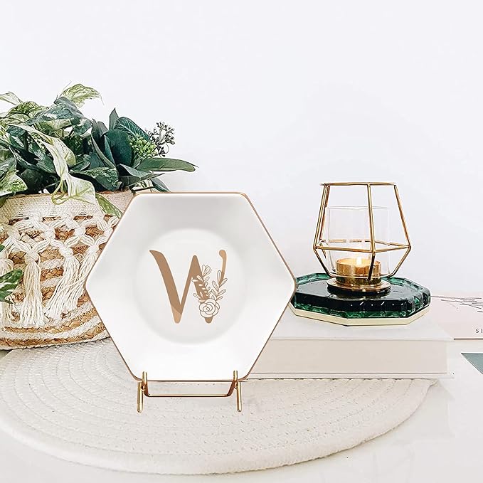 CARAKNOTS Ceramic Jewelry Tray Decorative Ring Dish for Her Birthday Engagement Christmas Gifts for Women Monogrammed Jewelry Dish for Rings Earrings Necklace Personalized Trinket Plate White Letter W