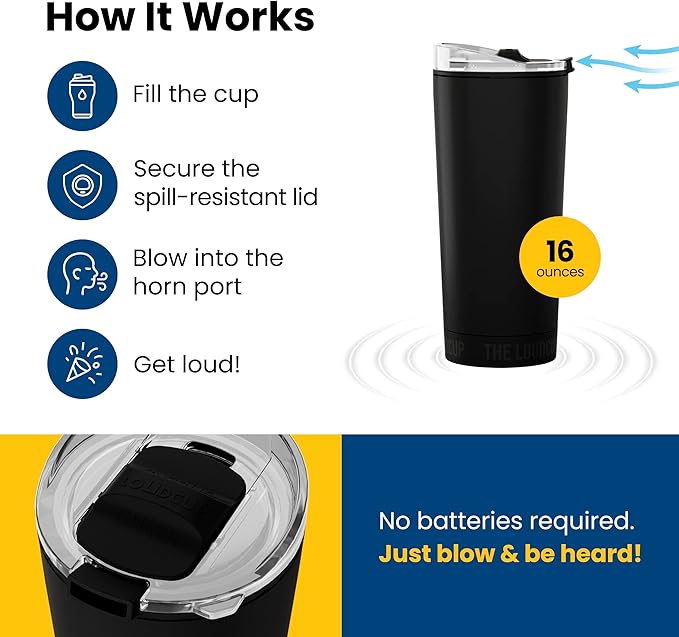 The LoudCup Blow Horn Tumbler, Cheer & Sip 2-in-1 Reusable Water Bottle with Built-In Horn for Sports Games, Tailgates, Parties & Events, BPA-Free