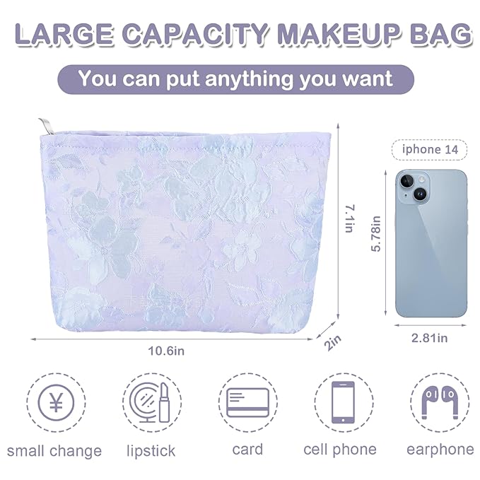ZLFSRQ Flower Makeup Bag for Women Girls Teens Travel Cute Floral Cosmetic Bags Large Zipper Cosmetic Pouch Purse Portable Toiletry Bag Aesthetic Embossed Blue Purple Makeup Brushes Storage Organizer