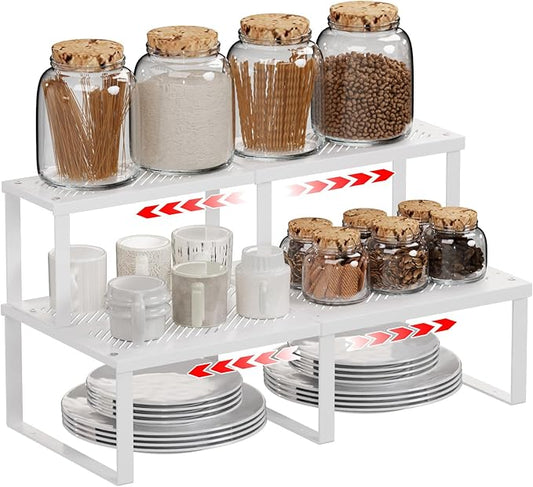 2 Pcs Stackable Kitchen Cabinet Shelf Organizer Counter Shelf Pantry Dishes Storage Shelves Rack