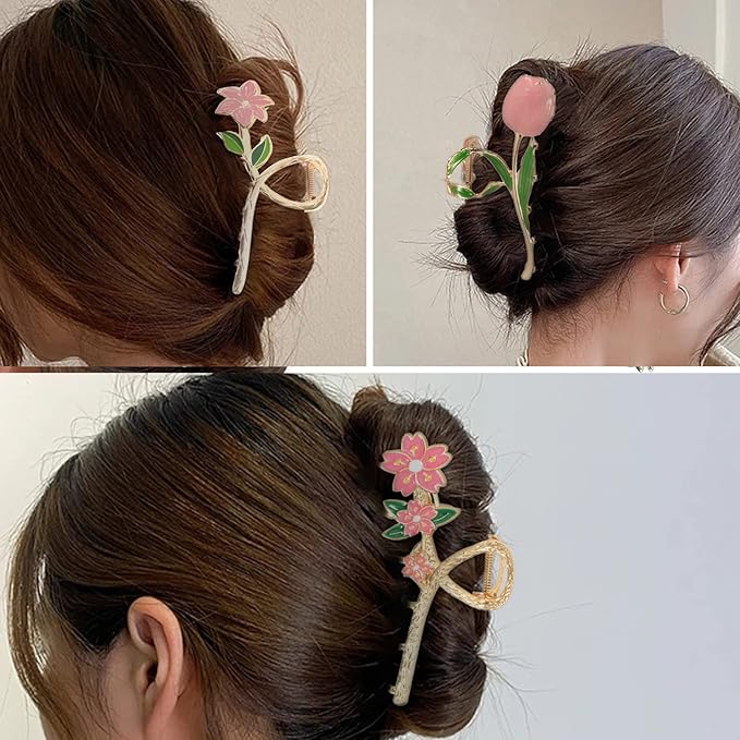 3-Piece Flower Metal Hair Accessories: Pink Tulip Hair Claw, Elegant Lily Floral Barrettes, Strong Hold Non-Slip Cute Orchid Hair Clips for Thin/Medium Thick Hair