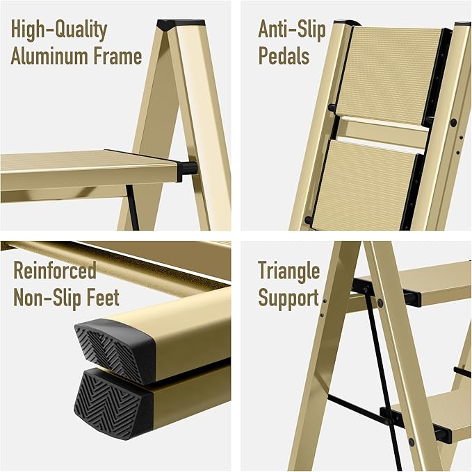 3 Step Ladder, Aluminum Folding Step Stool for Adults, Step Ladder with Wide Anti-Slip Pedal, 330 lbs Capacity for Home, Office, Kitchen, Library (Gold)