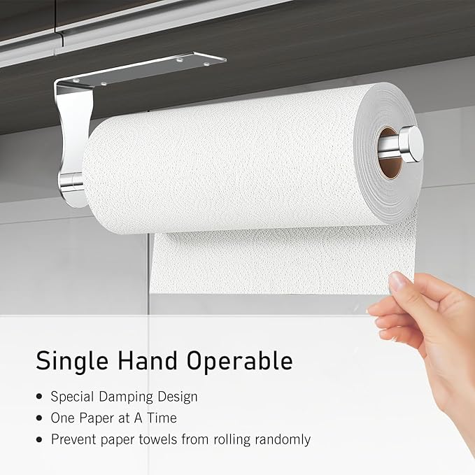 SetSail Paper Towel Holder, Single-Hand Operated Under-Cabinet Paper Towel Holder with Adjustable Damper, Easy Tear, Wall Mount Self-Adhesive or Drilled for Kitchen Bathroom, Mirror Silver