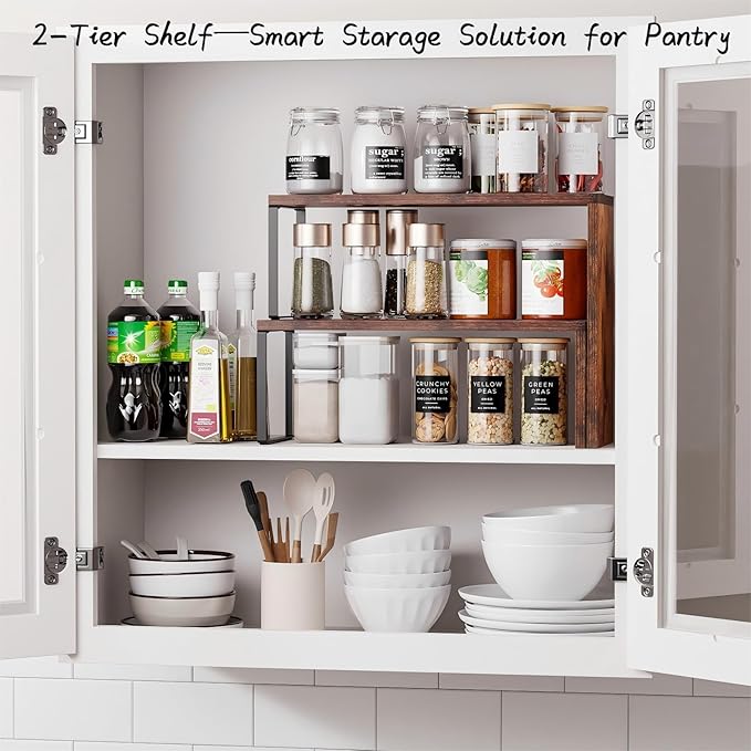 Kitchen Countertop Organizer, Spice Rack Cabinet Organizer Shelf Stackable Counter Corner Shelves Organization and Storage for Pantry, Countertop, Coffee Station Wood Rustic Brown