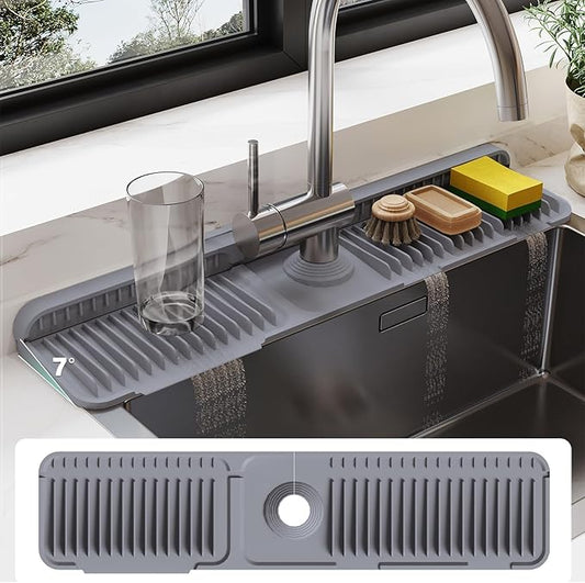 24 Inch Silicone Faucet Mat for Kitchen Sink Splash Guard - 7° Slope Water Draining Mat With Fasten Button for Bathroom Area (Dark Grey, 24''x5.5'')