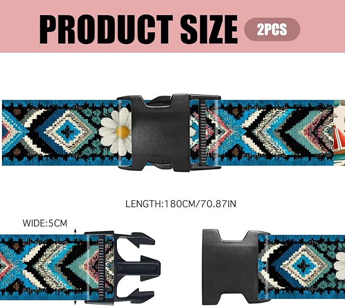 Nuxovilar Luggage Straps of 2 Set Ethnic Style & Daisies Pattern, 1.96x90.5 inches - Luggage Straps for Suitcases, Great for Cultural Trips, Outdoor Events, Daily Travel