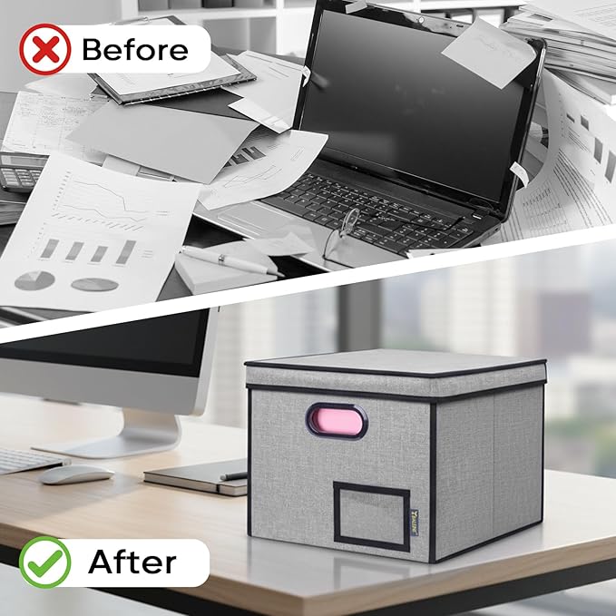 BALEINE File Organizer Box with Lid, Collapsible File Folder Organizer with Plastic Slide, Hanging File Folder Box for Office Document Storage (Tab Friendly, 2 Pack, Grey)
