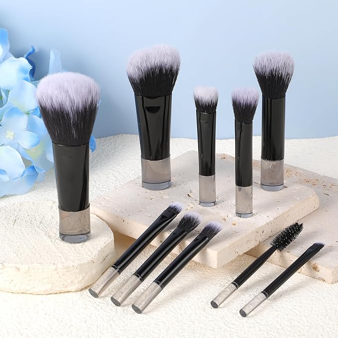 10 Pcs Mini Travel Makeup Brush Set With Pouch Black Portable Travel Size Makeup Brushes Professional Cosmetic Brush Travel Essentials kits for Brush Blush Powder Eye Shadow Women Girls