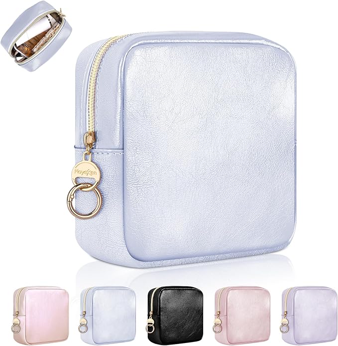 4.9" Small Makeup Bag for Purse, PU Leather Mini Cosmetic Bag, Portable Small Makeup Organizer Travel Toiletry Pouches for Women, Birthday/Wedding/Christmas Gifts (Blue)