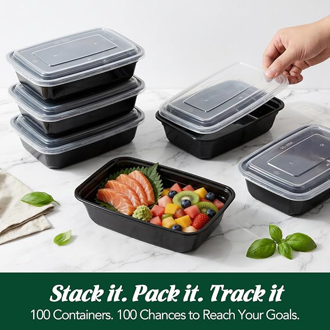 Glotoch Meal Prep Containers 32oz 100 Pack(200 Piece) with Lids, Reusable 1-Compartment Food Storage Containers, Bento Lunch Boxes, Microwave/Freezer/Dishwasher Safe, BPA-Free Takeout Boxes