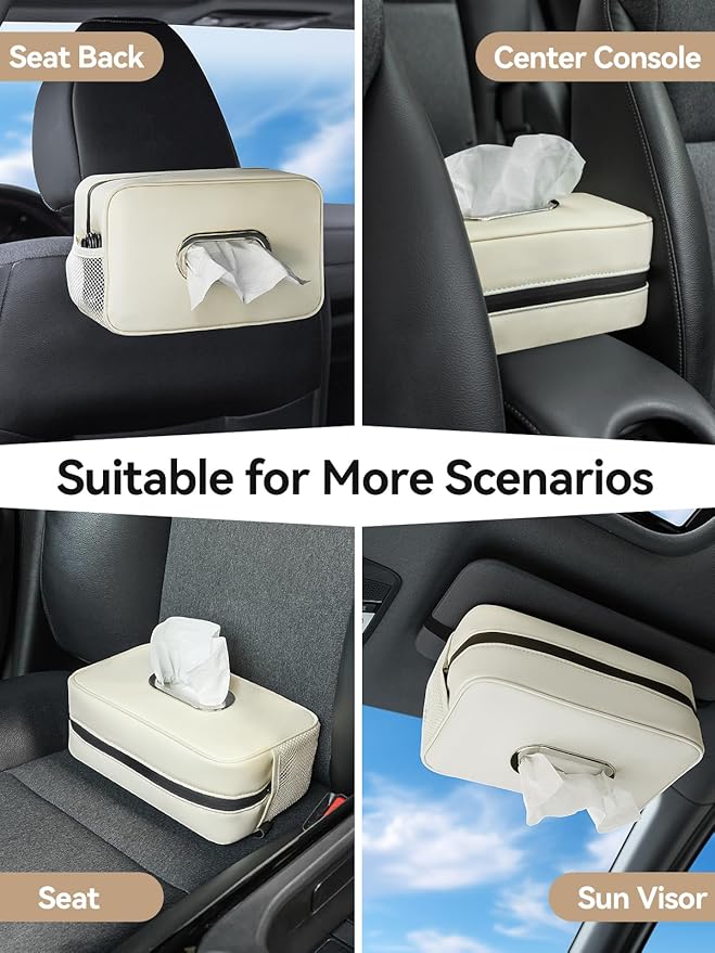 Multi-Functional Car Tissue Holder with 2 Storage Nets, Upgraded PU Leather Tissue Box Cover, Large Rectangle Napkin Organizer, Fits 100-150 Regular Size Tissues, Keeps Car Tidy, Beige